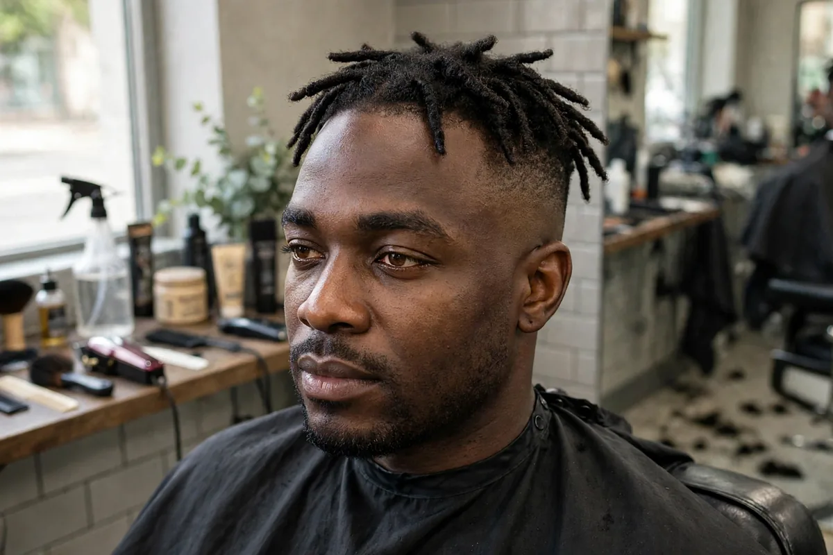 Low taper fade with short dreadlocks on top for a Black man