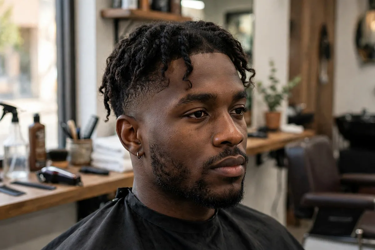 Low taper fade with wavy twist top texture on a Black man