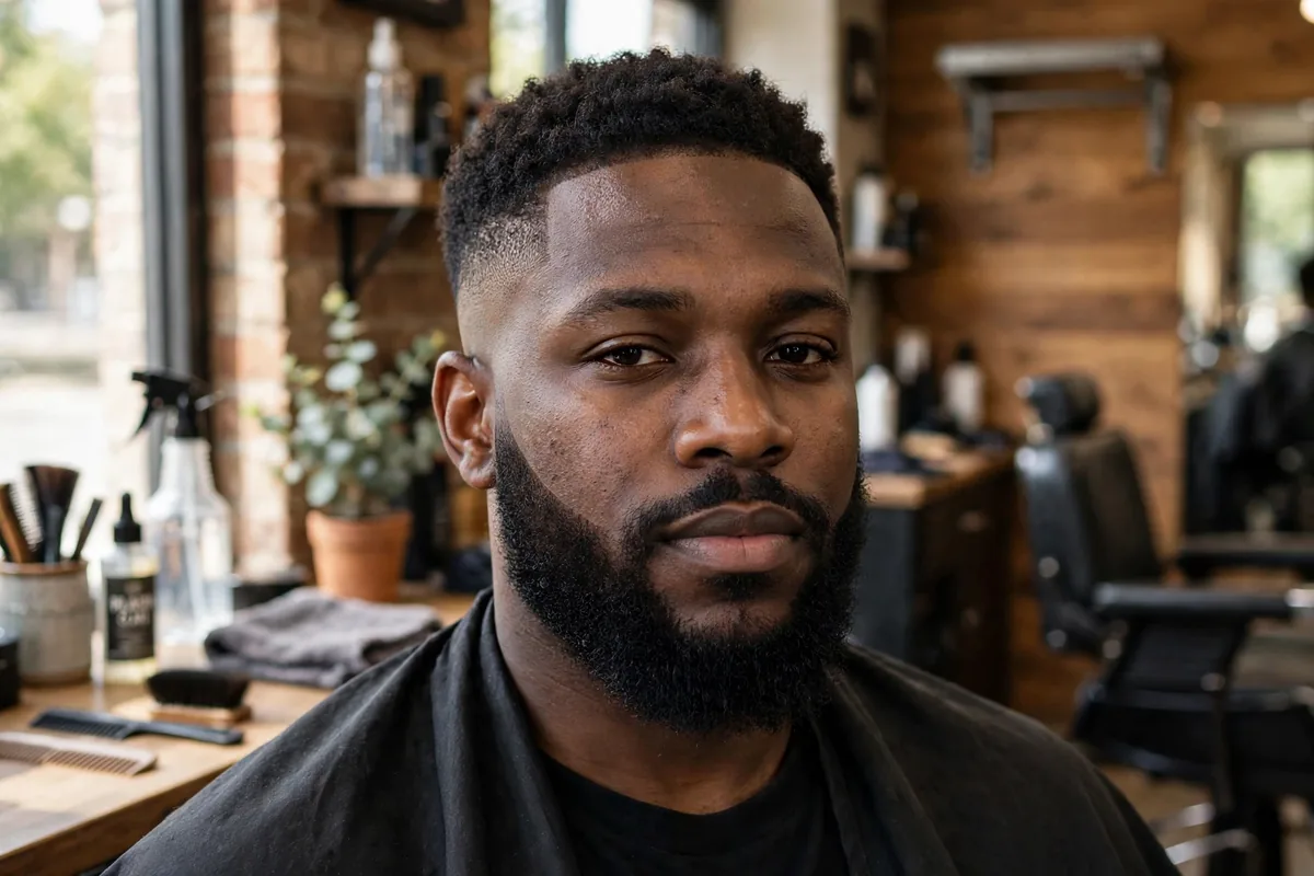 Low taper fade haircut with full beard on a Black man, blended fade and beard