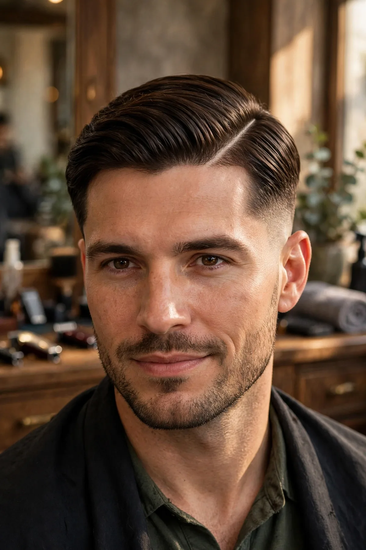 A man with a sleek hard part medium haircut for men — a sharp shaved part line with medium-length hair combed neatly to the side, a polished professional men's medium haircut.