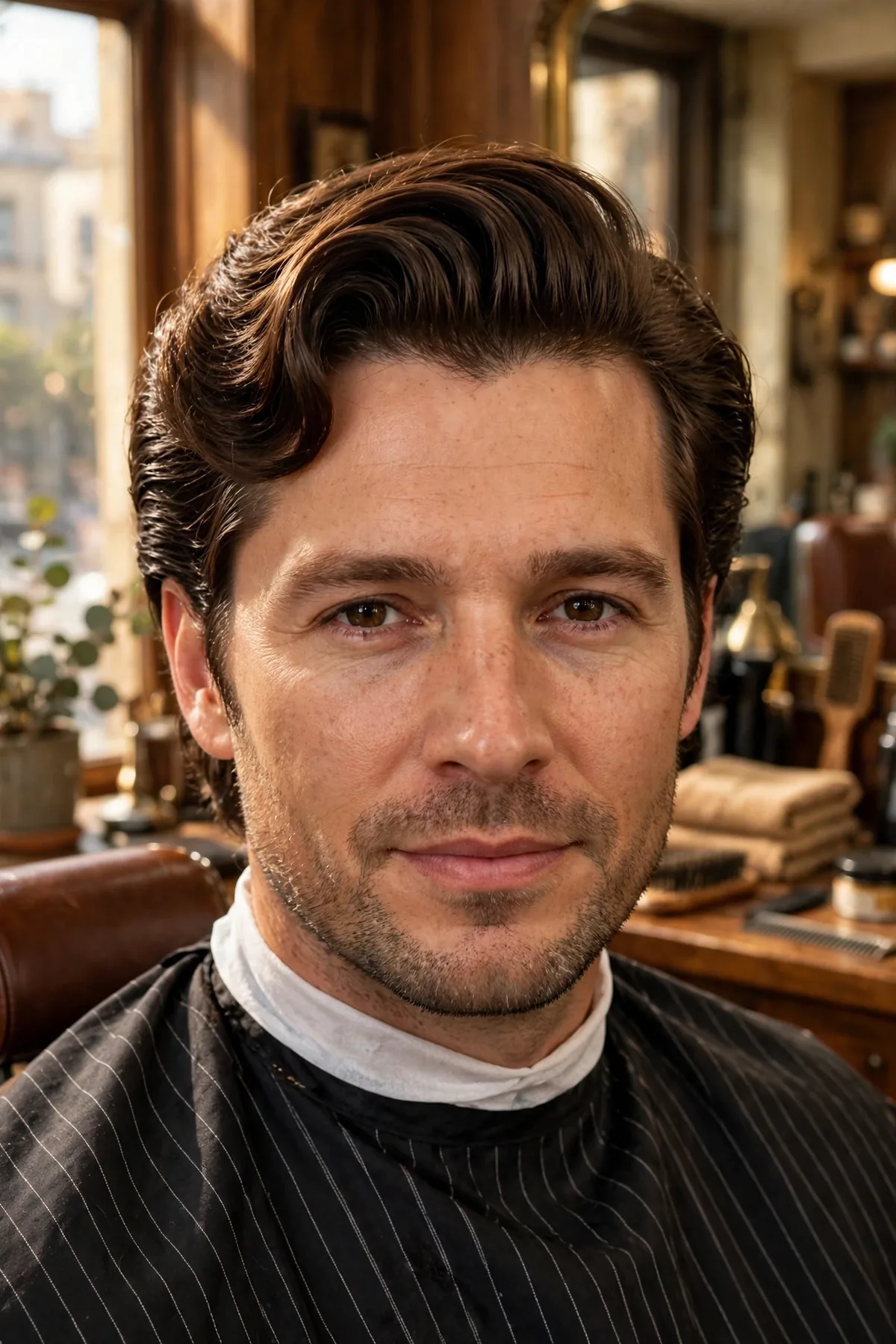 A man with the Hollywood sweep medium haircut — voluminous medium-length hair swept back with old-school glamour, a classic haircut style for men.