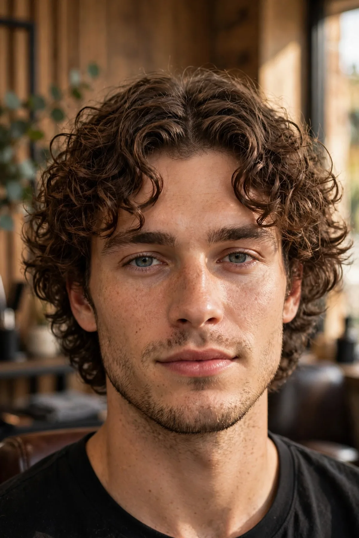 A man with curly curtains — natural curls parted down the middle in a medium haircut for men, showing how men's medium haircuts work for curly hair.