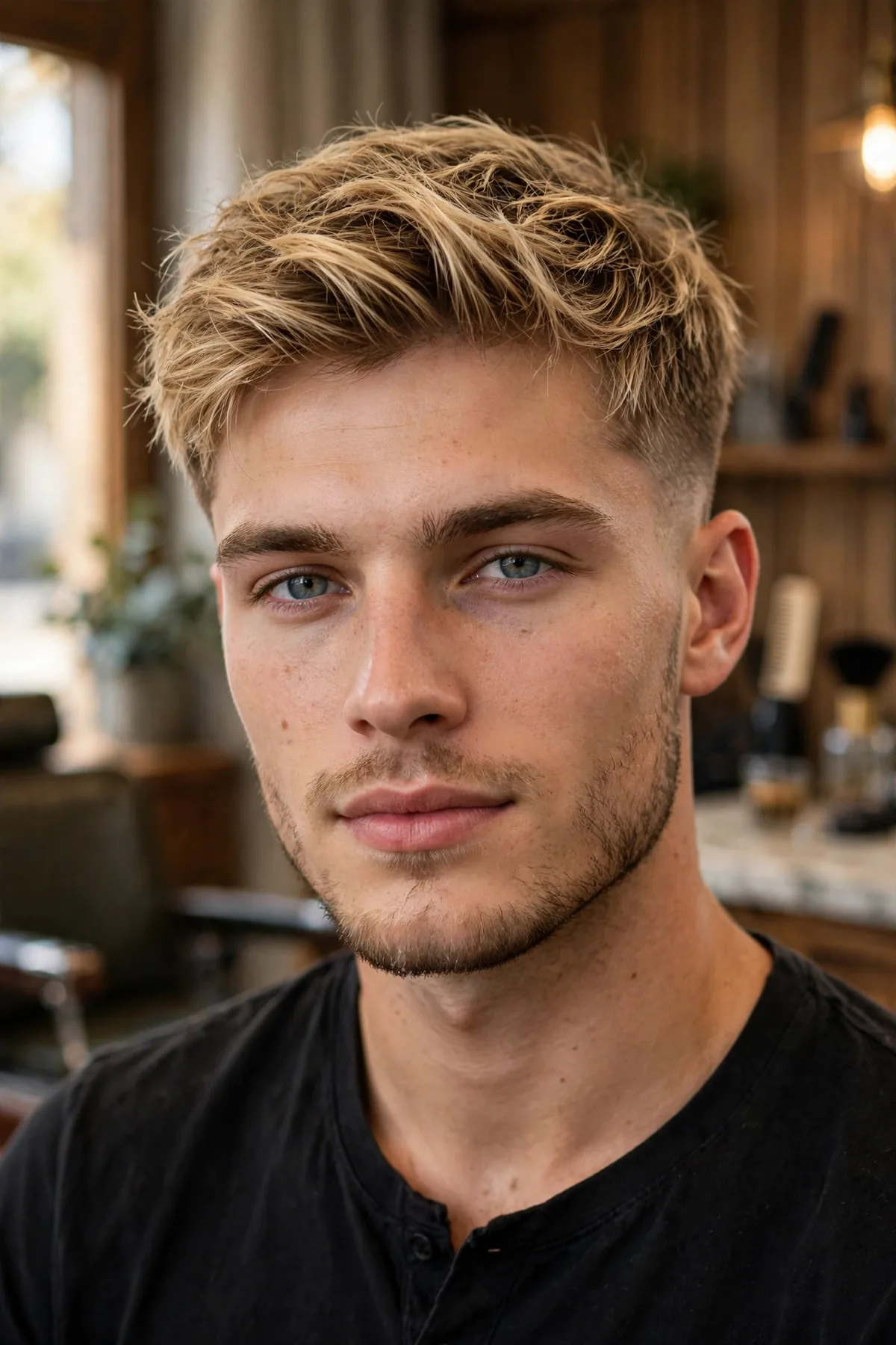 A man with a blonde textured crop — a medium haircut for men with a textured top and blonde highlights that add visible density, great for fine hair.