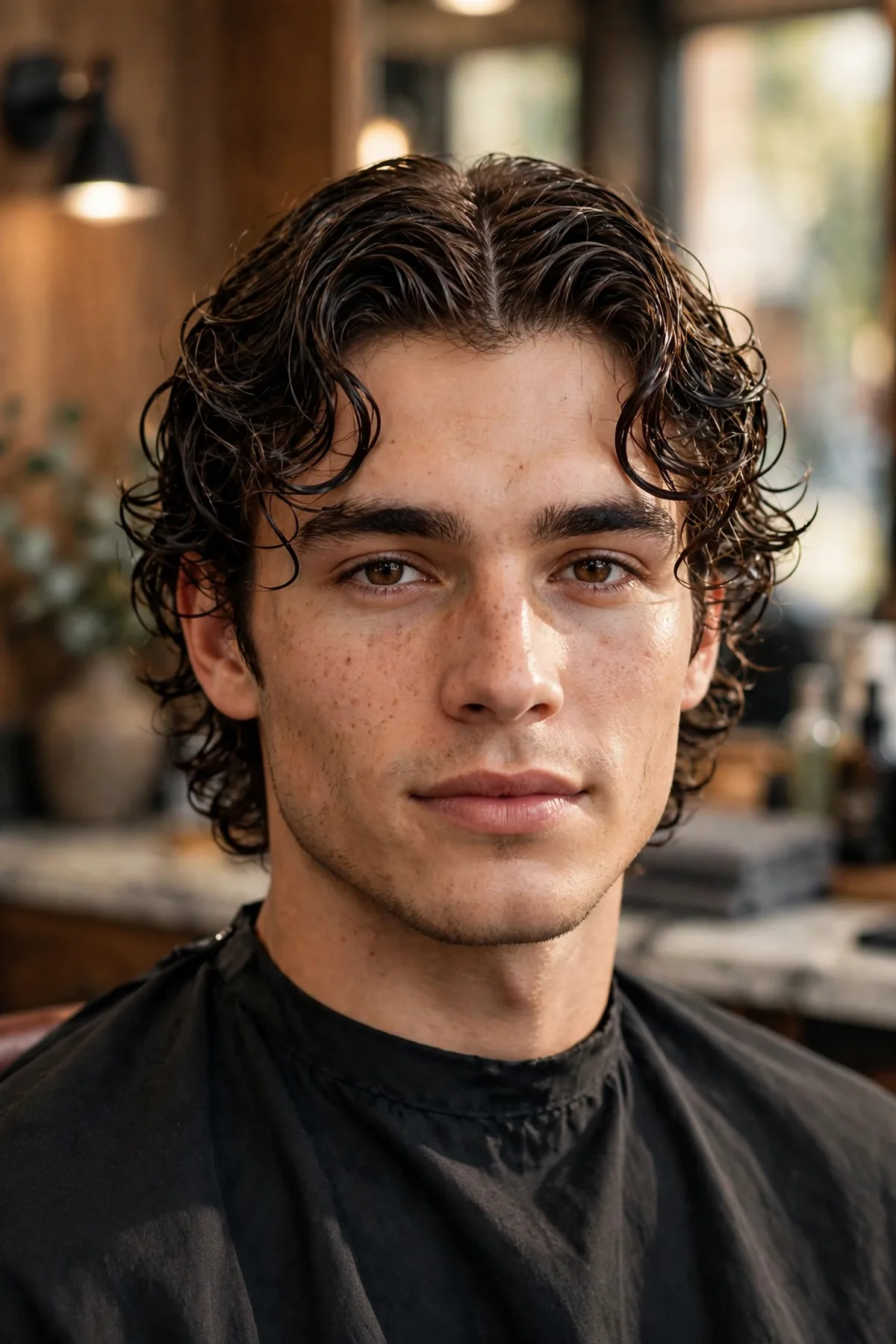 A man with the wet curl effect and middle part — defined curls with a wet finish parted in the center, a bold medium hairstyle for men with curly hair.
