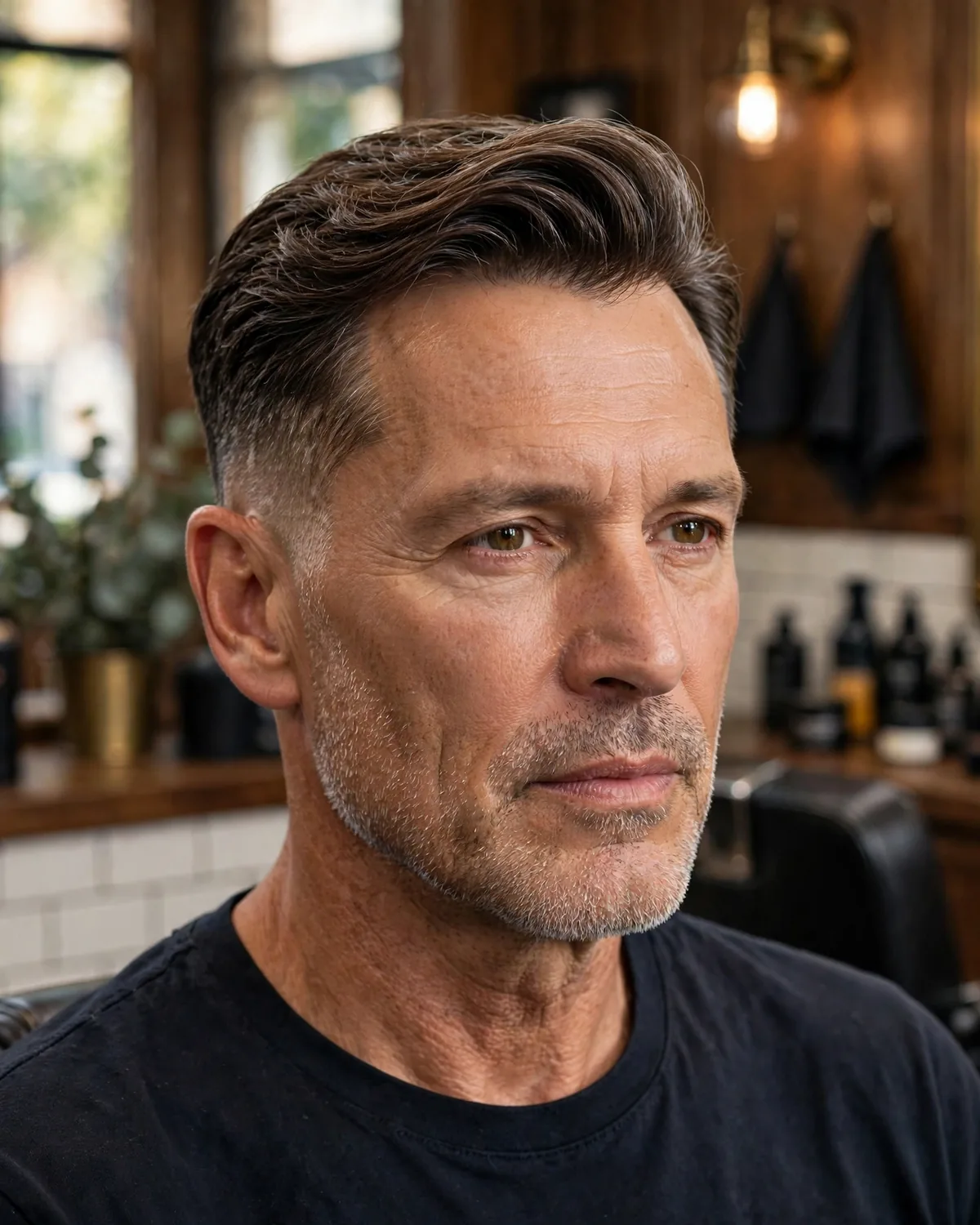 A mature man with a refined tapered sweep — tapered sides with a medium top swept to the side, an elegant men's medium haircut for professional men over 40.