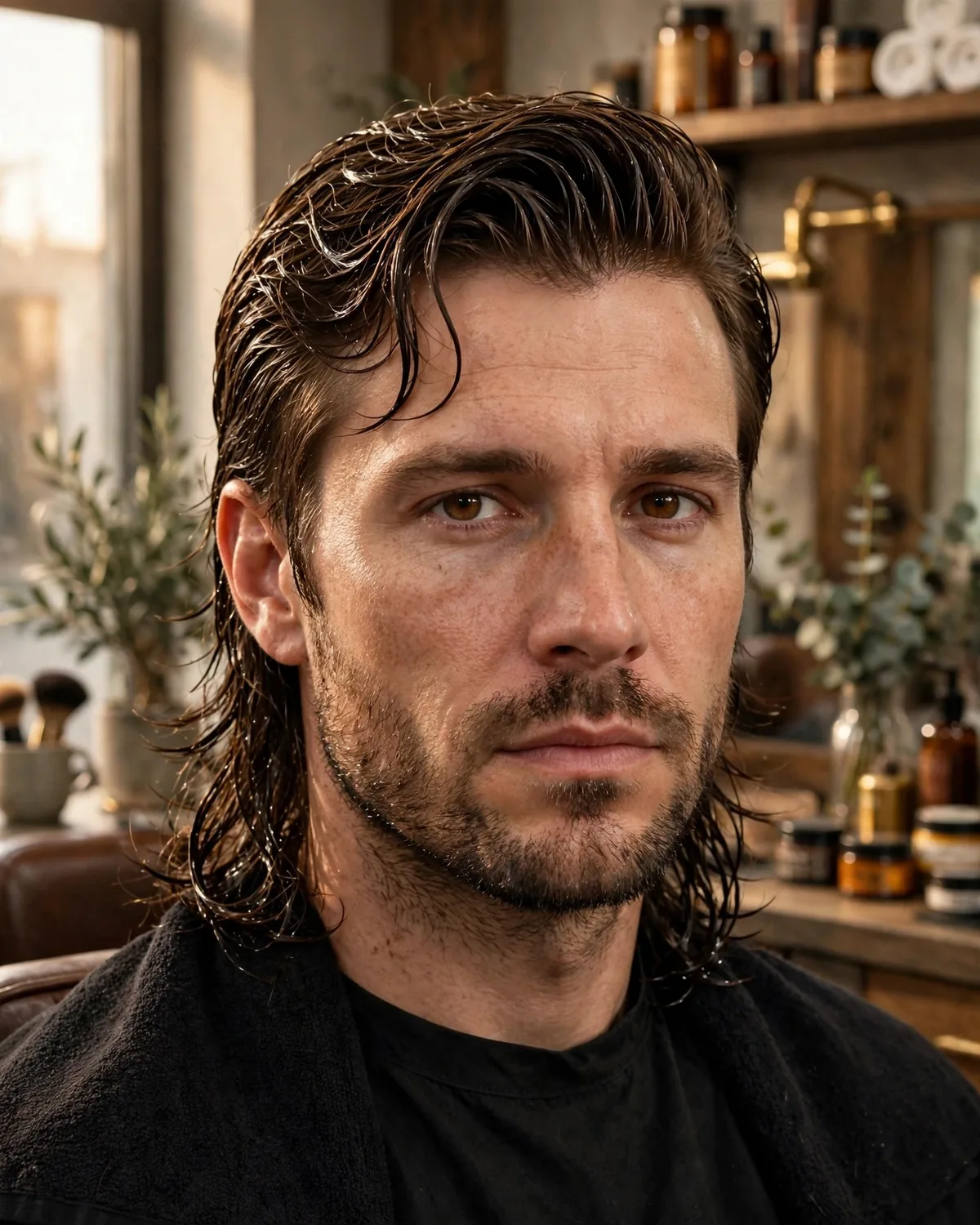 A man with a wet-look mullet — medium-length mullet styled with a wet finish for shine and definition, a statement medium hairstyle for men.