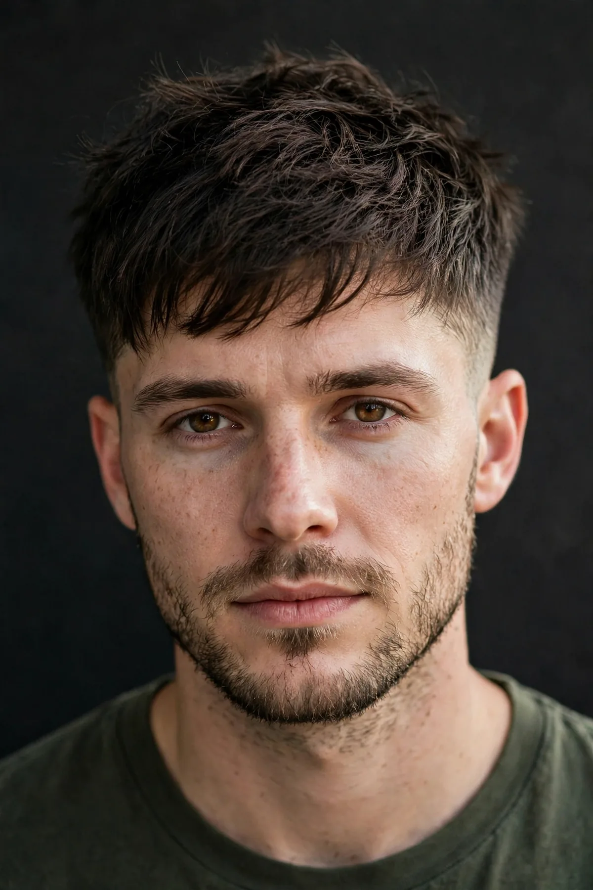 Textured mid taper haircut for men with choppy layered top and clean temple taper