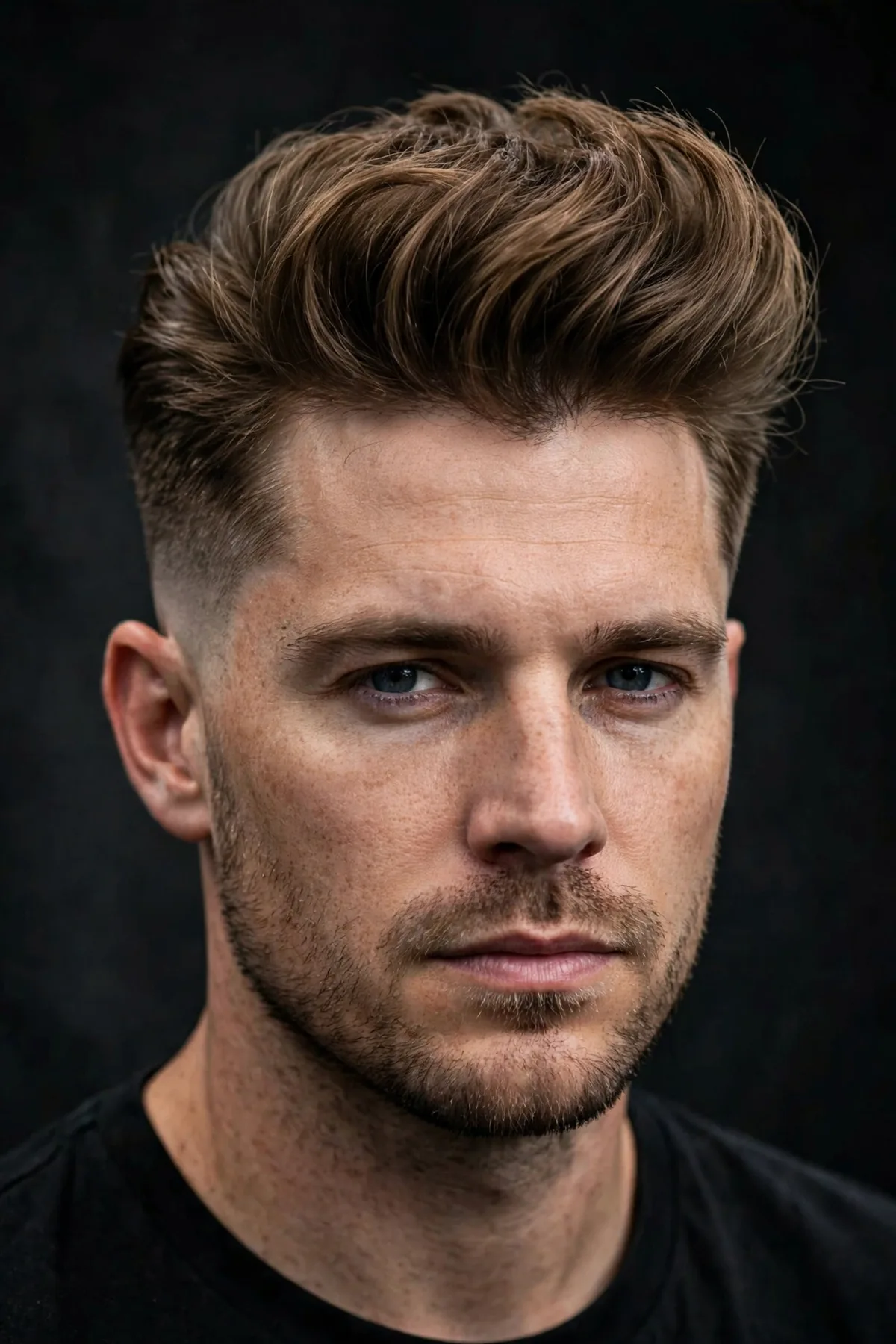 Mid taper quiff haircut for men with voluminous swept-up front and tapered sides