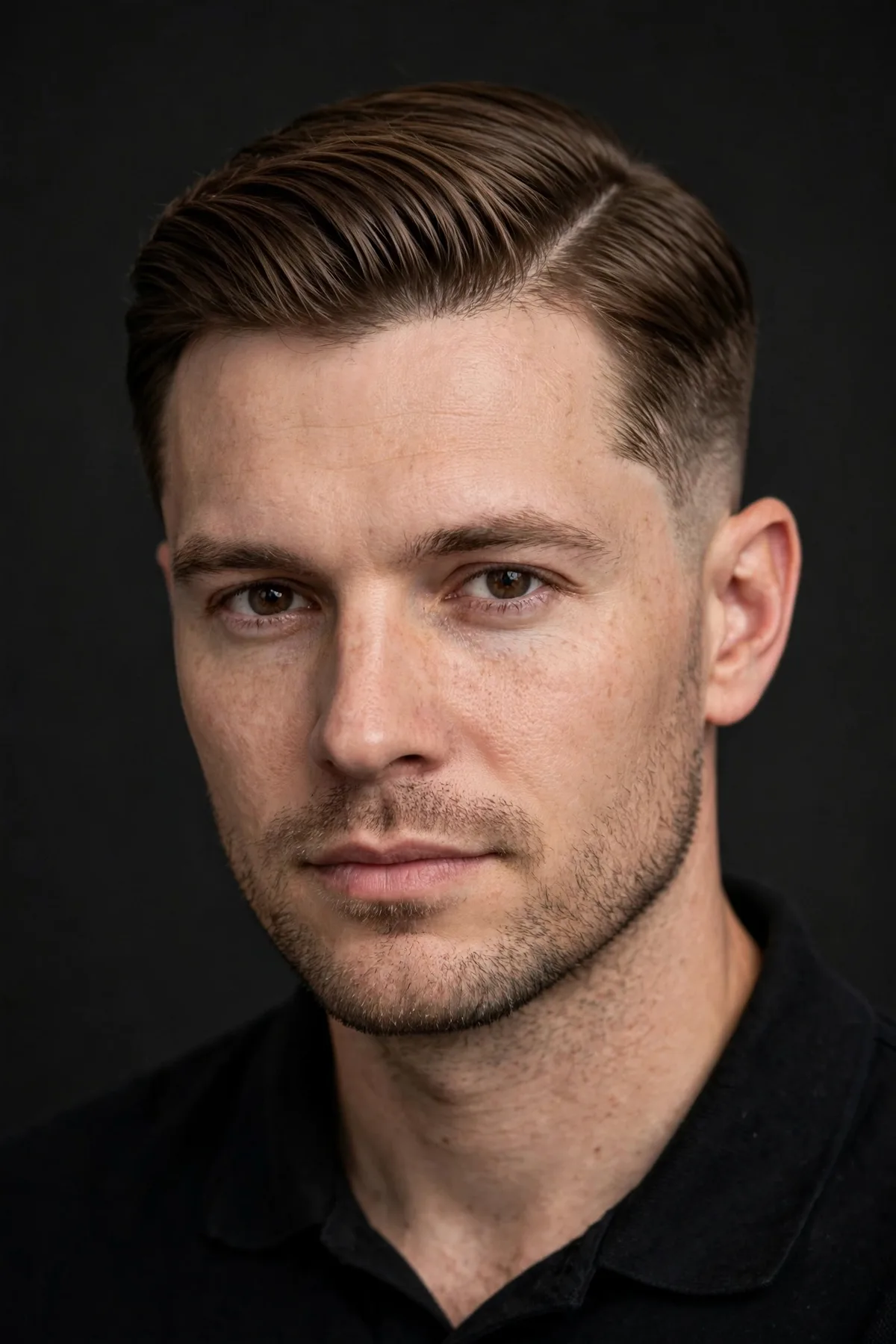 Side-part mid taper haircut for men with deep side part and smooth temple taper