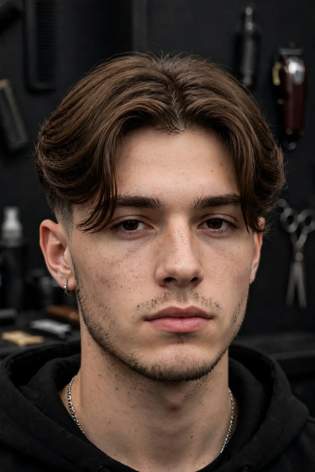 Middle-part mid taper haircut for men with curtain-style top and tapered sides
