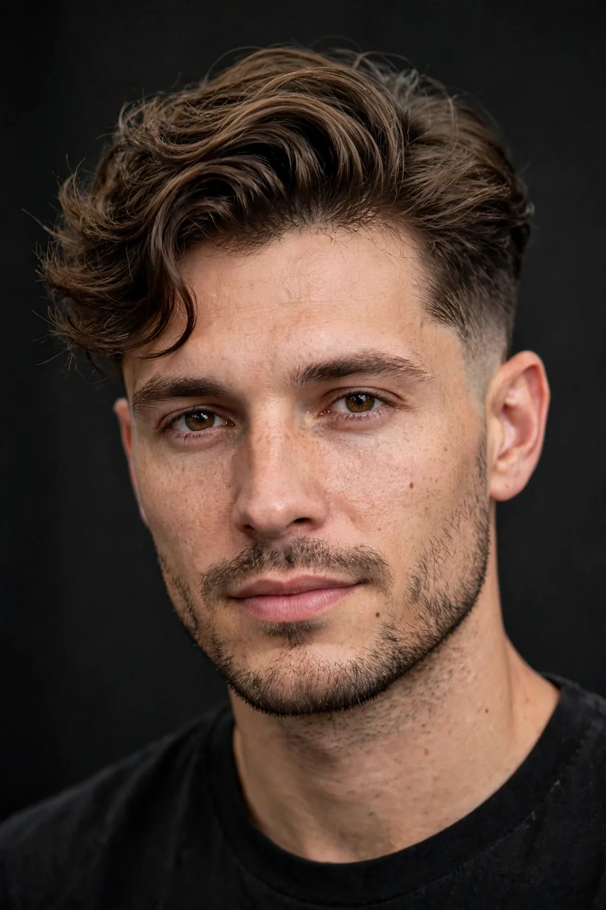 Wavy mid taper haircut for men with natural loose waves and clean tapered sides
