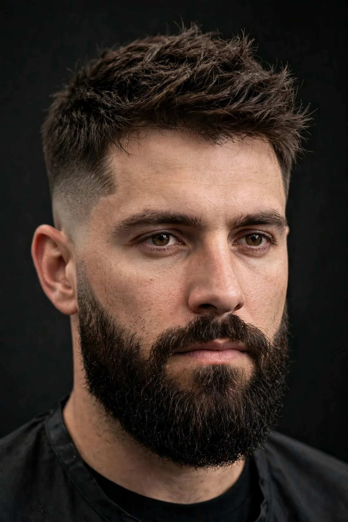 Mid taper haircut for men with full beard blended into the tapered sides