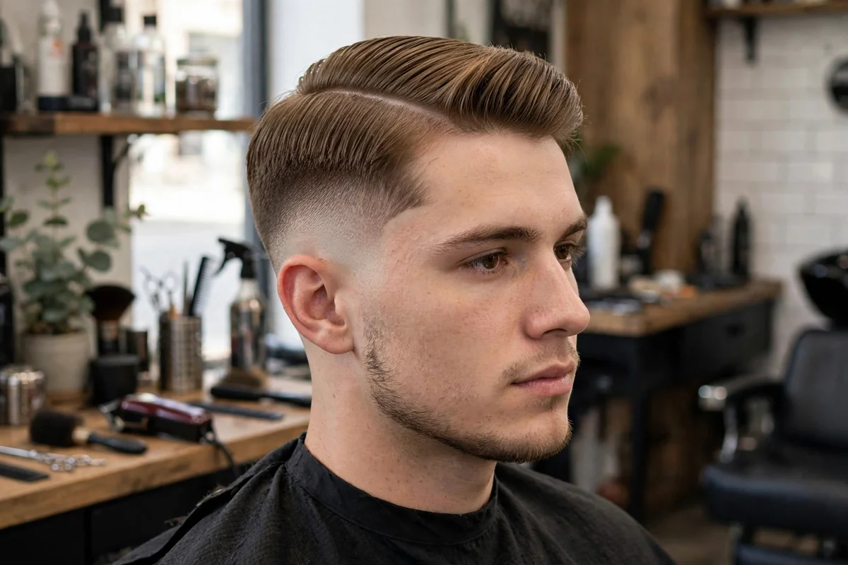 Mid taper fade haircut for men styled as a neat comb over with side sweep