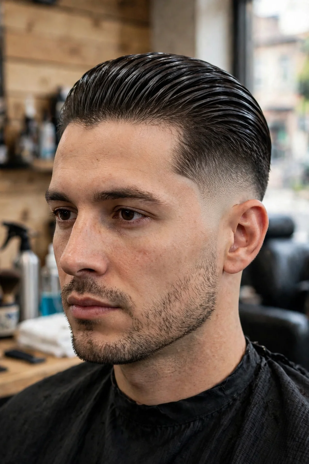 Slick back mid taper fade haircut for men with smooth volume swept back