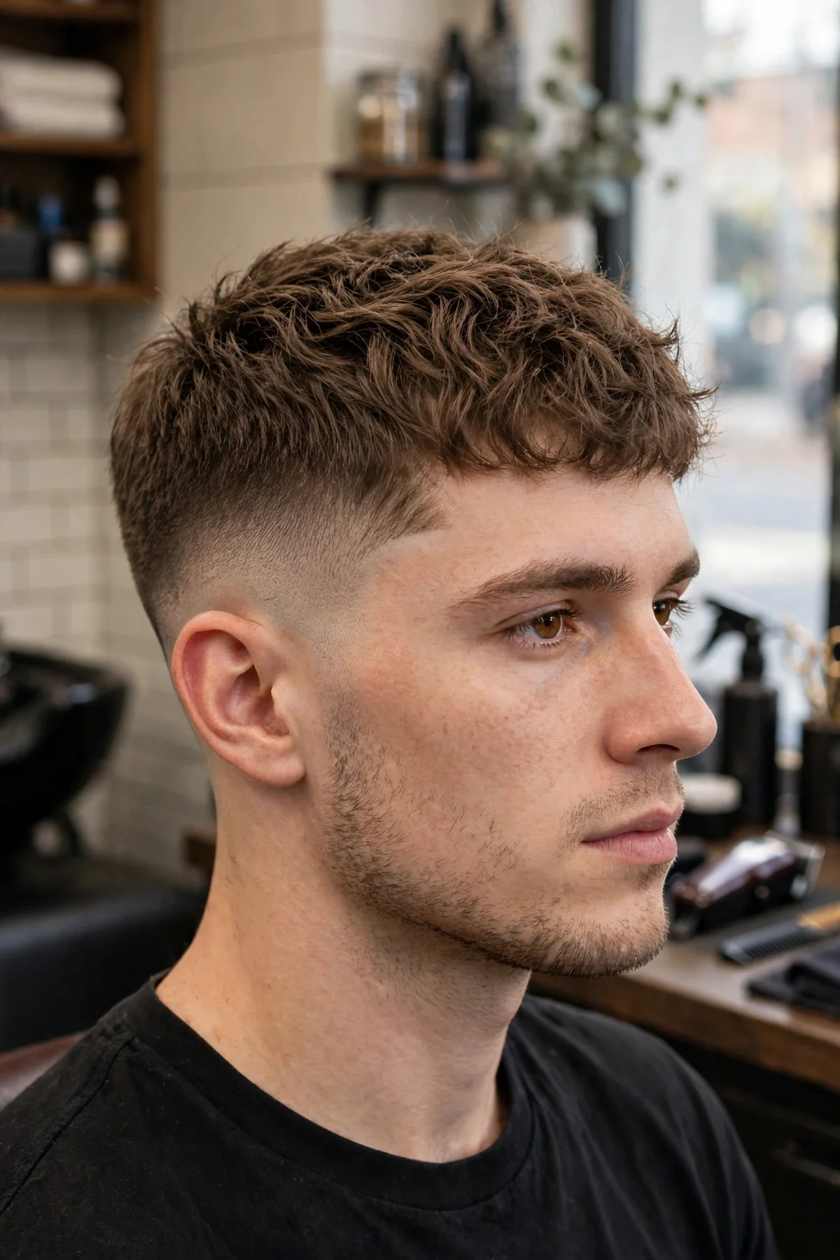 Textured crop mid taper fade haircut for men with choppy fringe forward