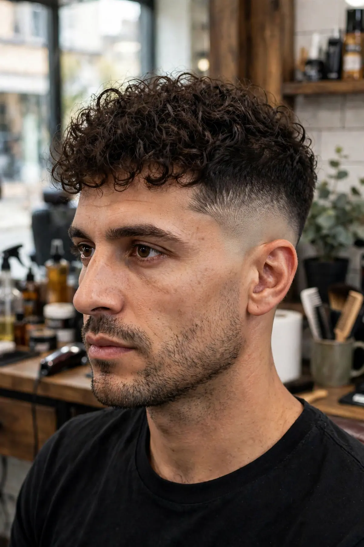 Curly top mid taper fade haircut for men with defined curls on top