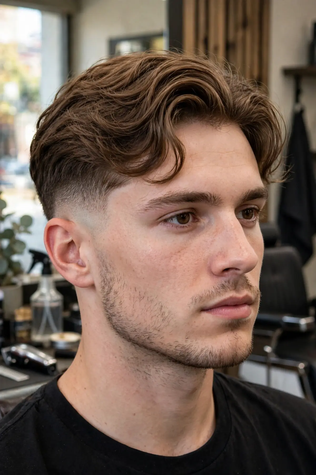 Wavy flow mid taper fade haircut for men with relaxed natural waves