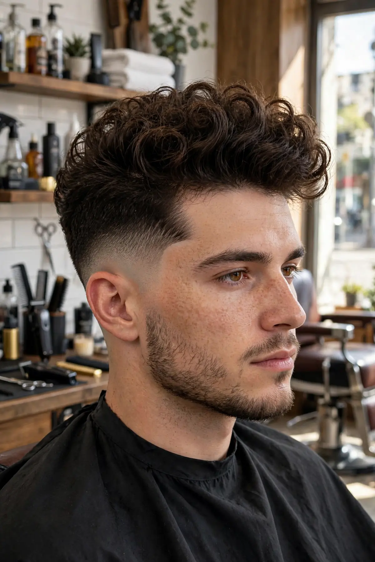 Curly pompadour mid taper fade haircut for men with lifted curls in front