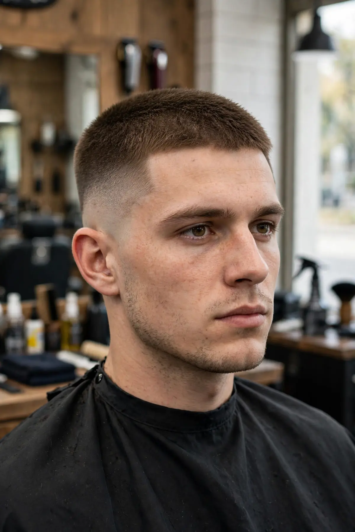 Crew cut mid taper fade haircut for men with short neat top and clean fade