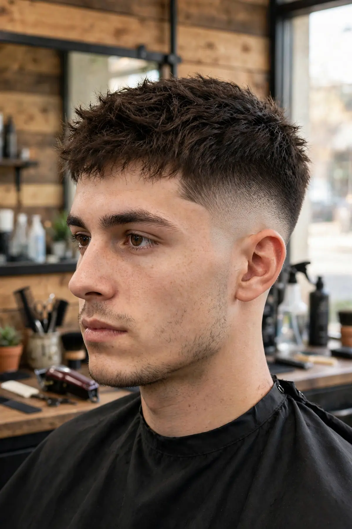Short textured mid taper fade haircut for men with choppy layered top