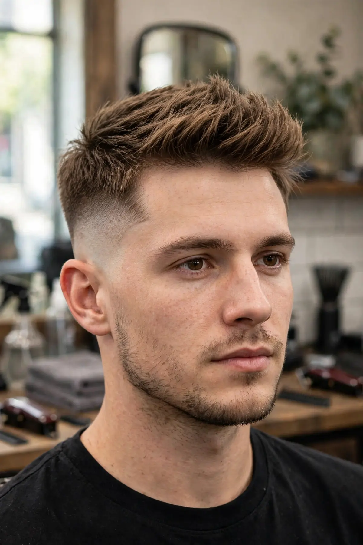 Short quiff mid taper fade haircut for men with small lifted front