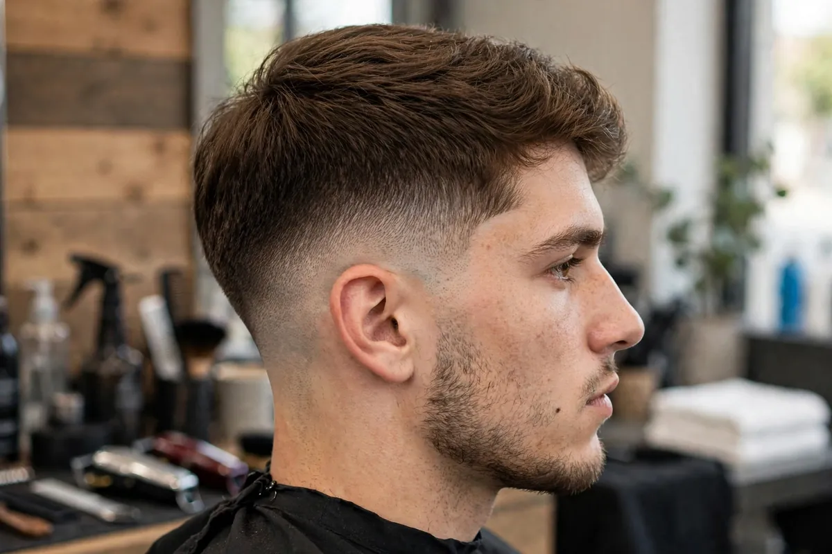 Mid taper skin fade blend haircut for men fading to bare skin