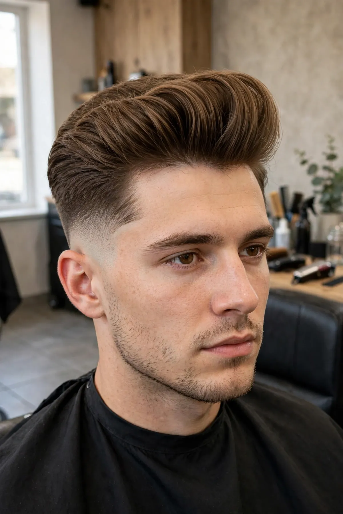 Pompadour mid taper fade haircut for men with dramatic lifted front
