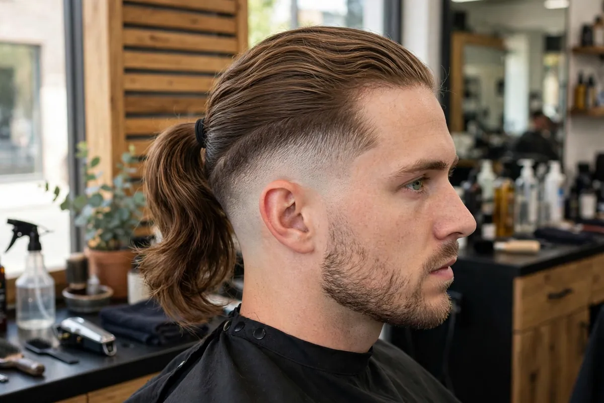 Long top mid taper fade haircut for men with flowing length on top