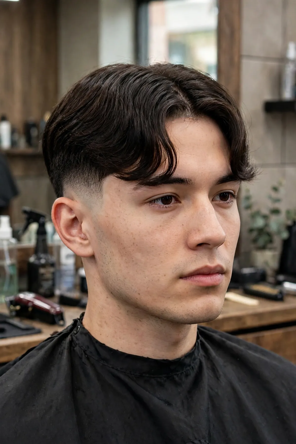 Middle part mid taper fade haircut for men with curtain style top