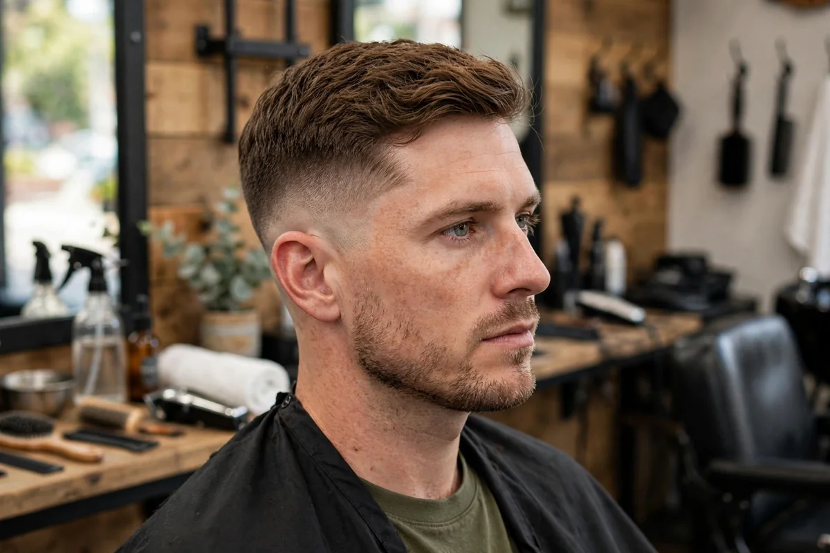 Barbershop photo of the best mid taper fade haircut for men with clean temple fade and styled top