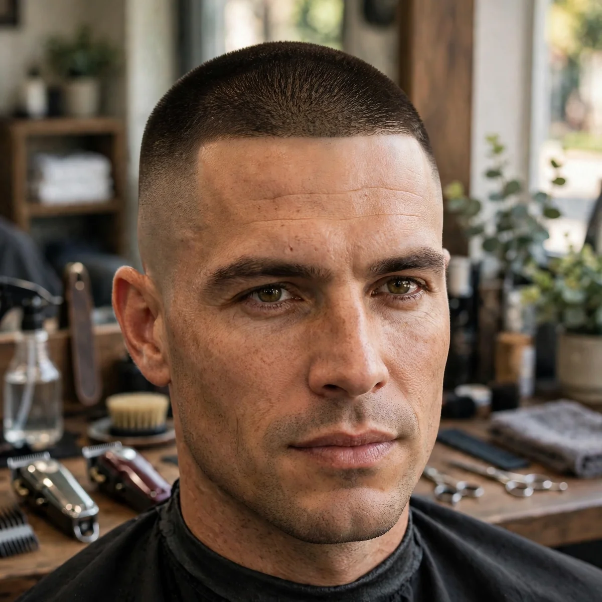 30 best military haircuts for men collage showing buzz cuts, crew cuts, high and tight fades and flat tops on men in a barbershop