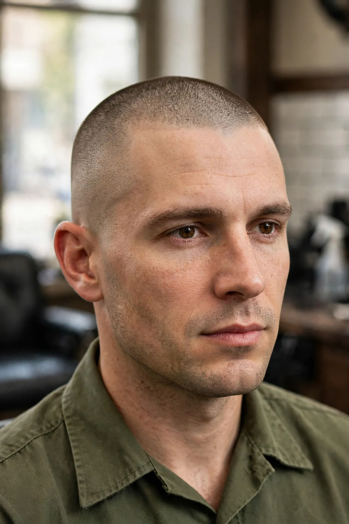 Burr cut military haircut for men with very short even buzzed hair and clean neckline