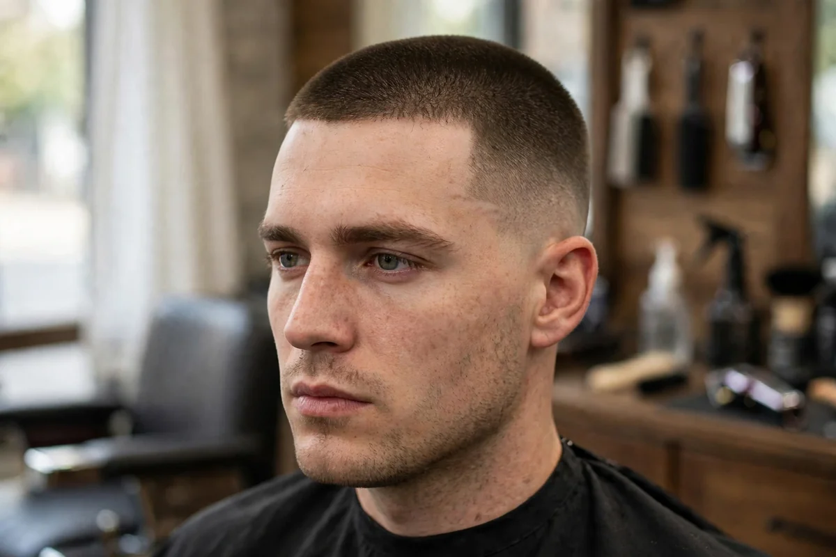Butch cut military haircut for men with short uniform buzzed hair slightly longer on top