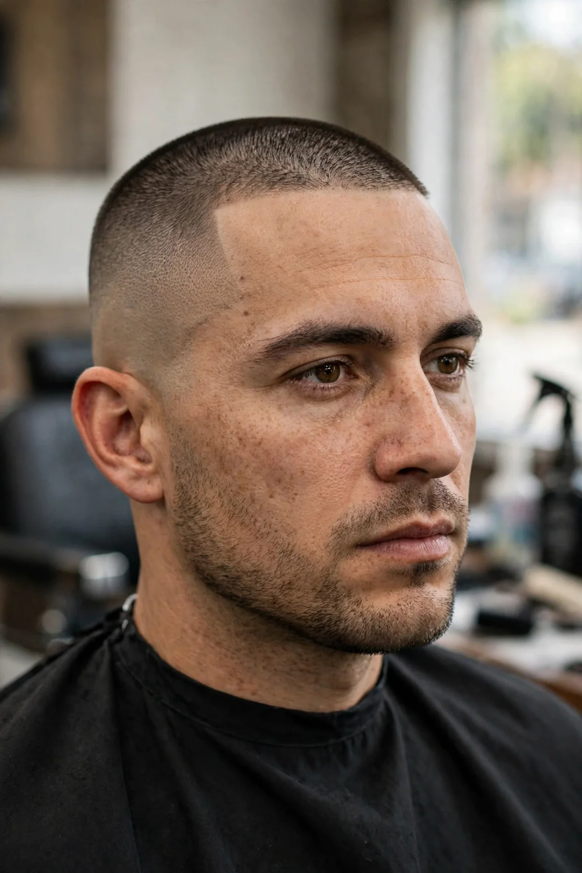 Buzz cut with skin fade military haircut for men with short top and faded shaved sides
