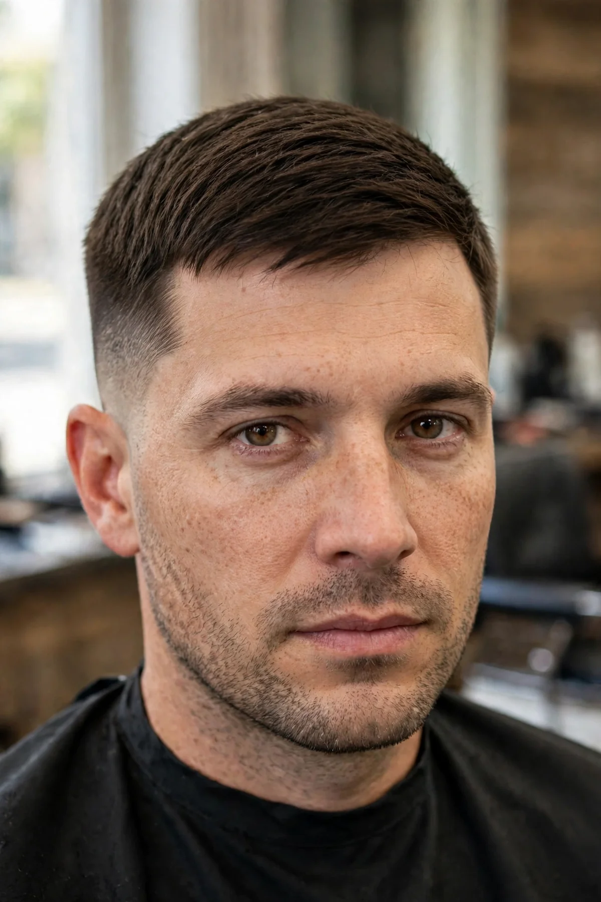 Classic crew cut military haircut for men with short tapered sides and slightly longer top