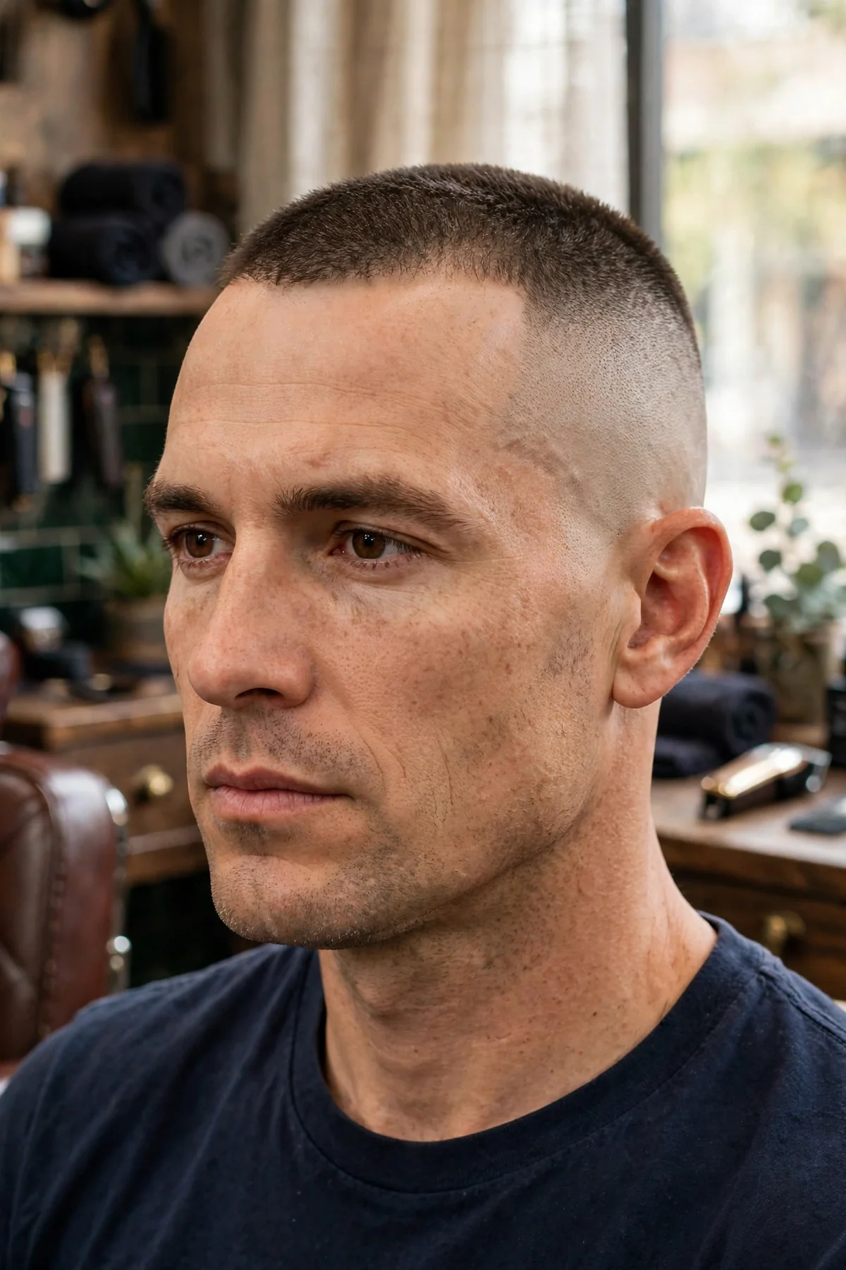 High and tight military haircut for men with shaved sides and short hair on top