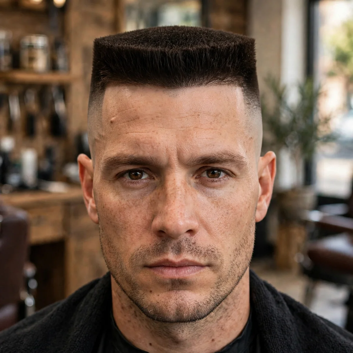 Flat top military haircut for men with level flat top and tapered sides