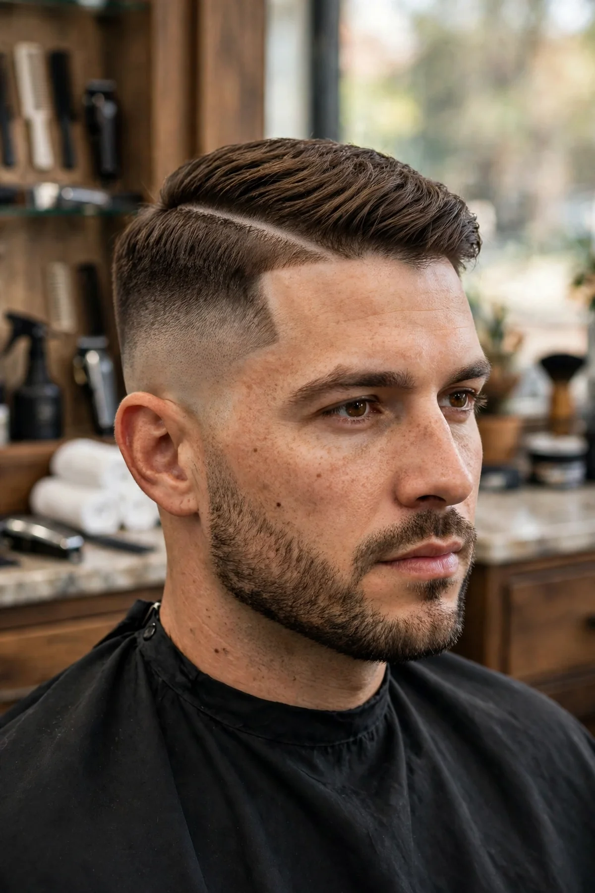 Fade with hard part military haircut for men with shaved part line and faded sides