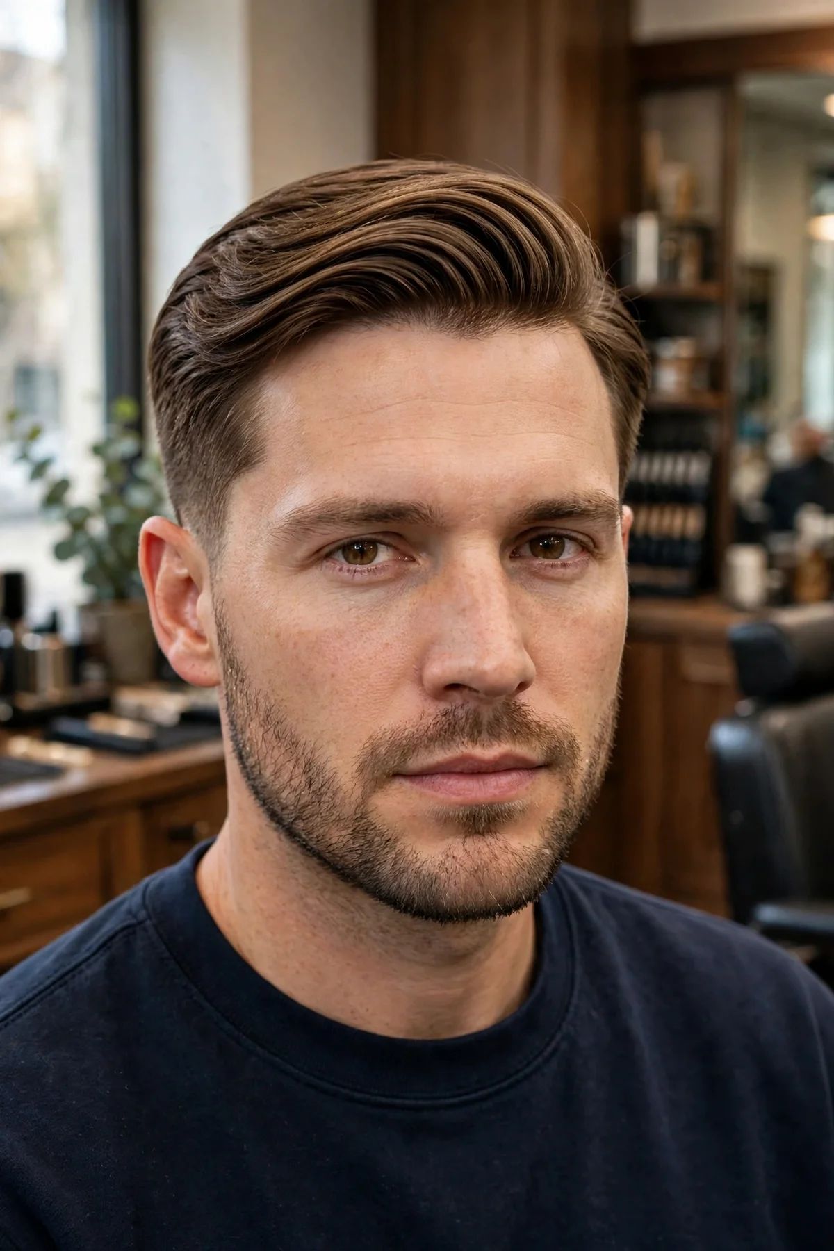 Ivy League military haircut for men with longer side parted top and tapered sides