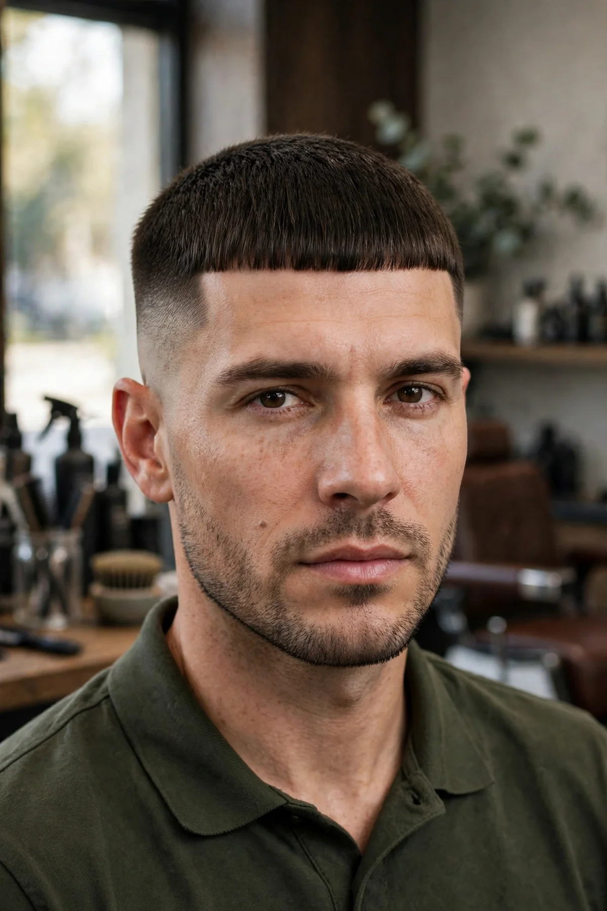 Caesar cut military haircut for men with short forward fringe and tapered sides