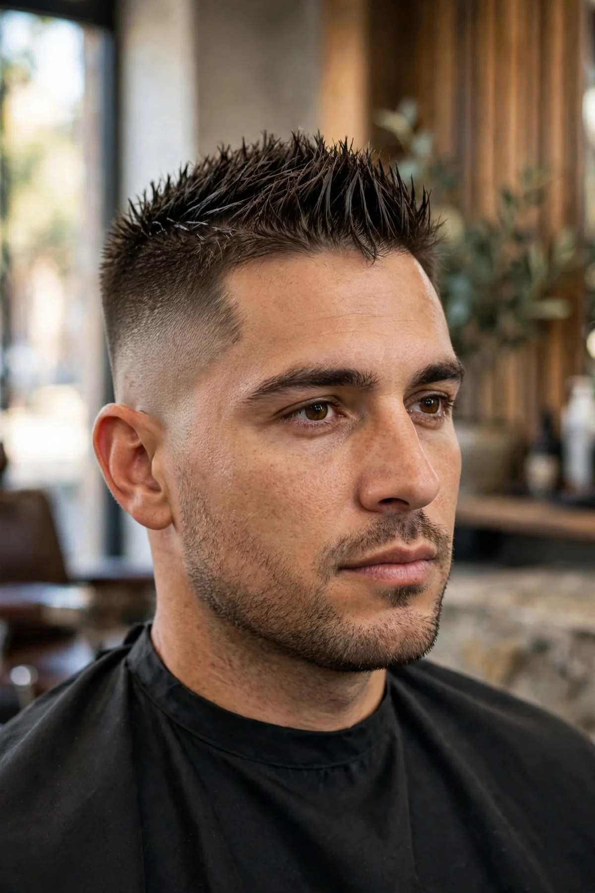 Spiky military haircut for men with short spiked top and faded sides