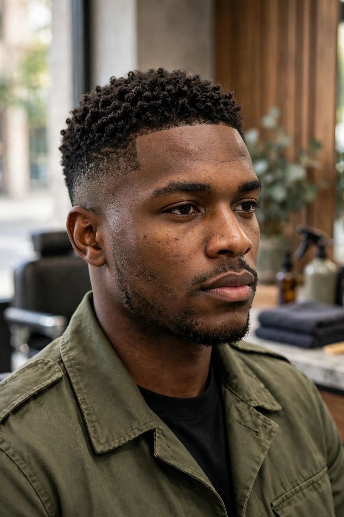 Short coiled crop military haircut for men with tight coils on top and faded sides