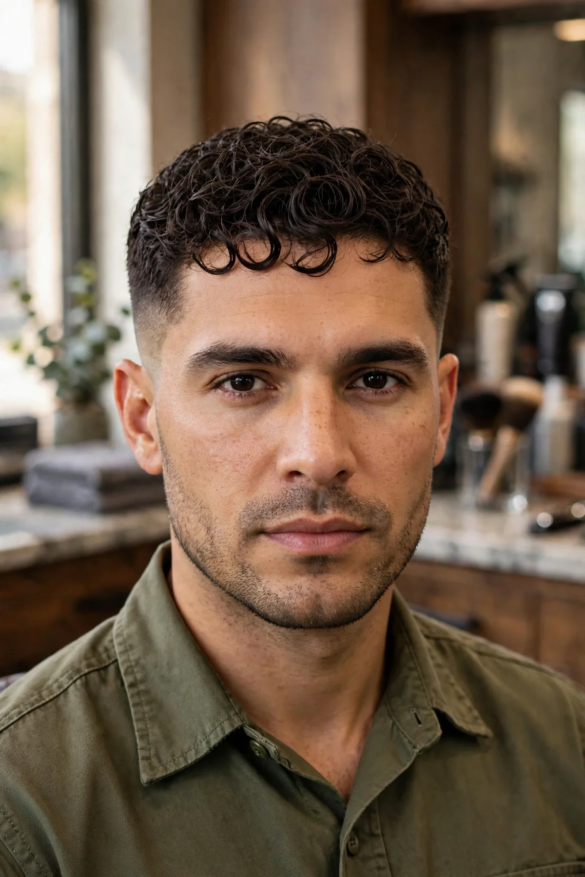 Forward brushed curls military haircut for men with curls brushed forward and tapered sides