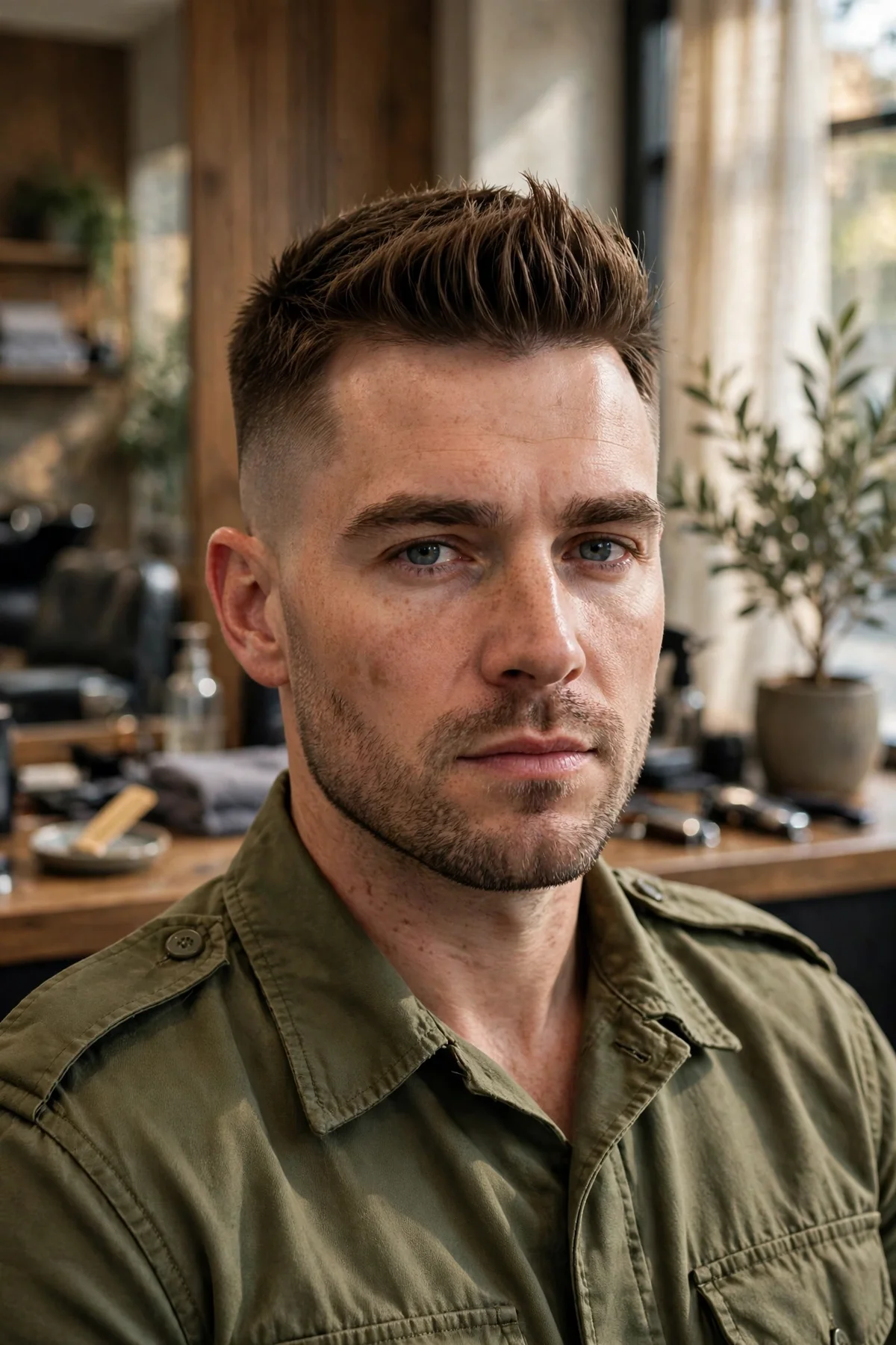 Military quiff haircut for men with voluminous quiff top and short tapered military sides