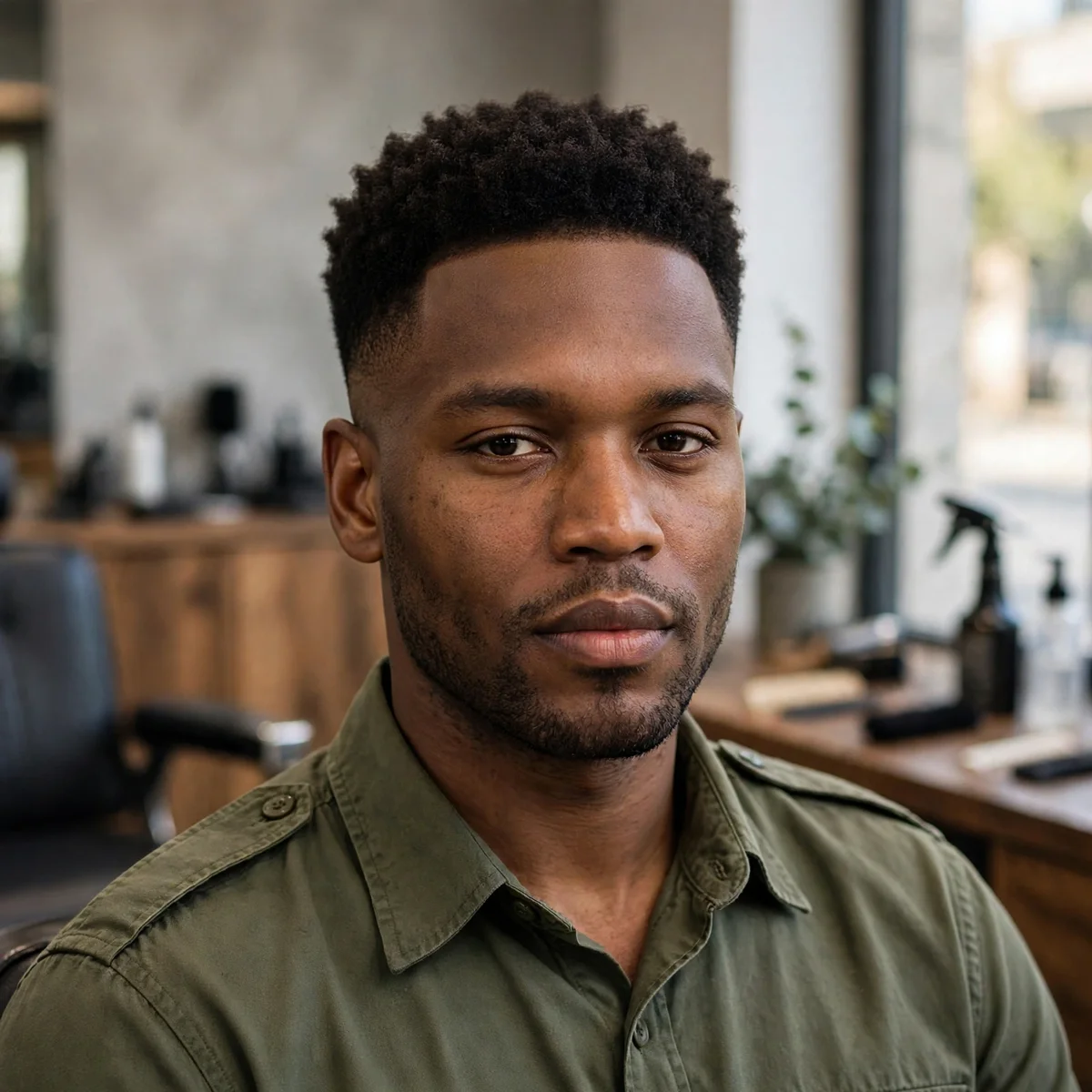 Short afro with line up military haircut for men with neat afro shape and sharp lineup edges