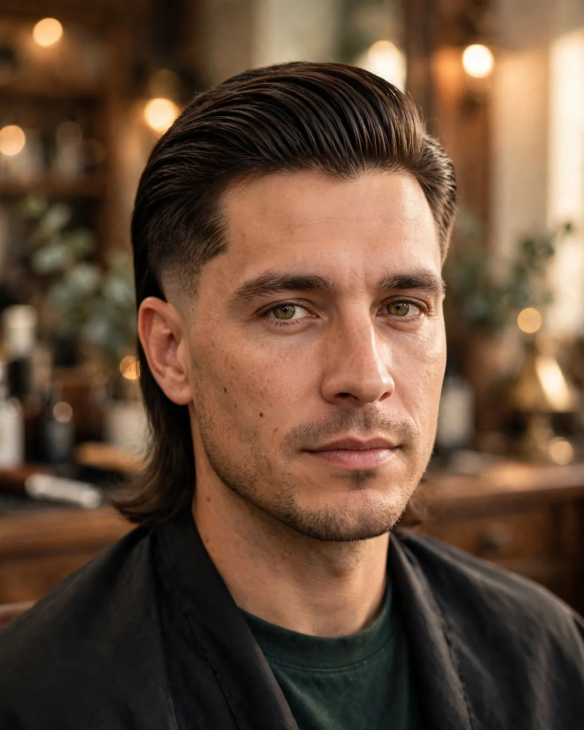 Brush-back modern mullet for men — hair brushed straight back off the face with clean sides and longer back