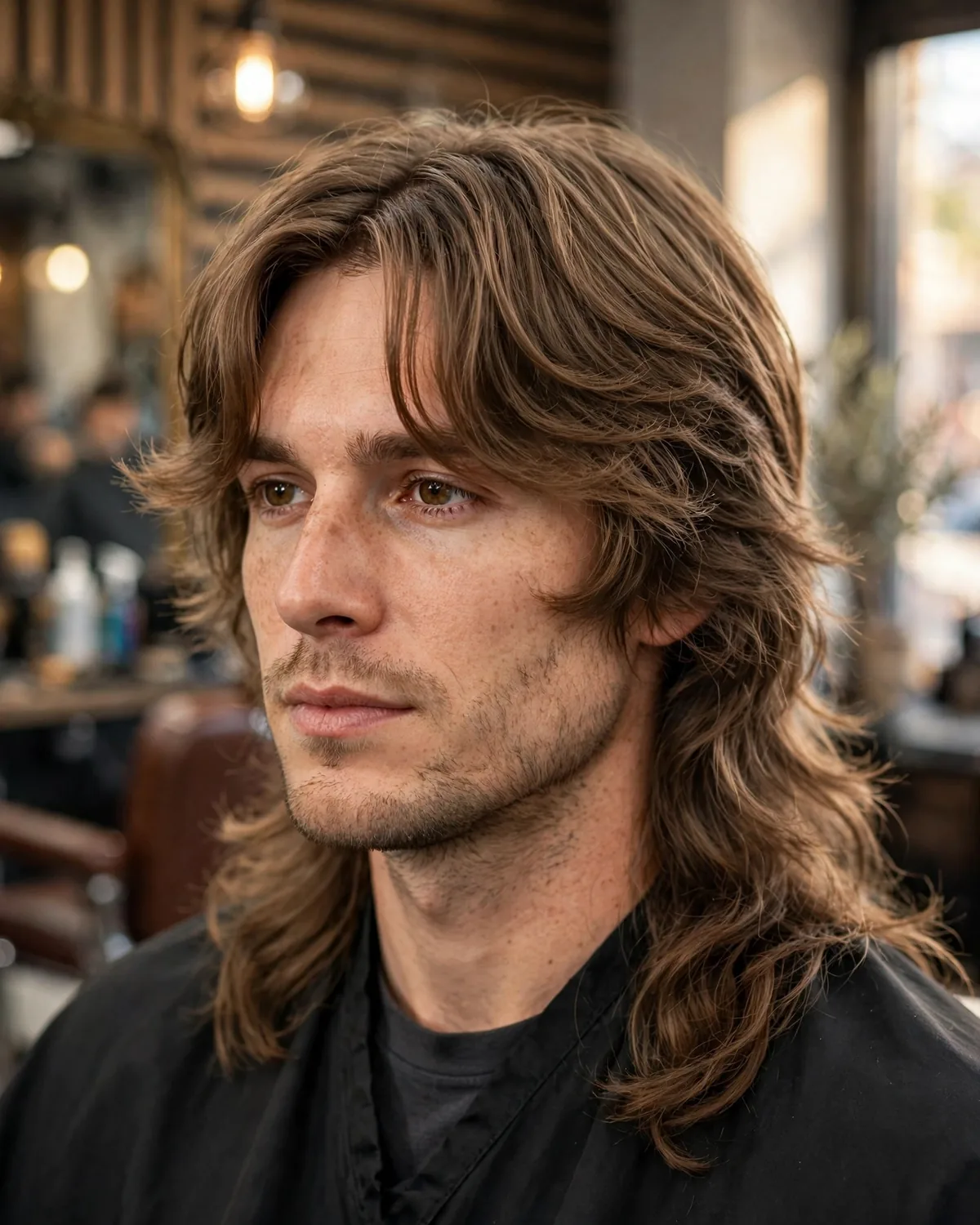 Curtain fringe modern mullet haircut — soft parted curtain fringe framing the face with longer mullet back