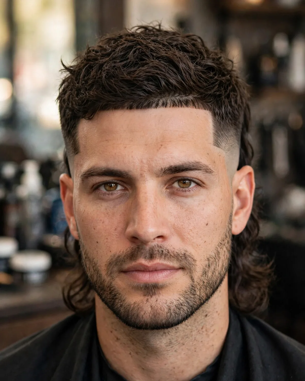 Line-up modern mullet for men — razor-sharp lined hairline with faded sides and a longer back