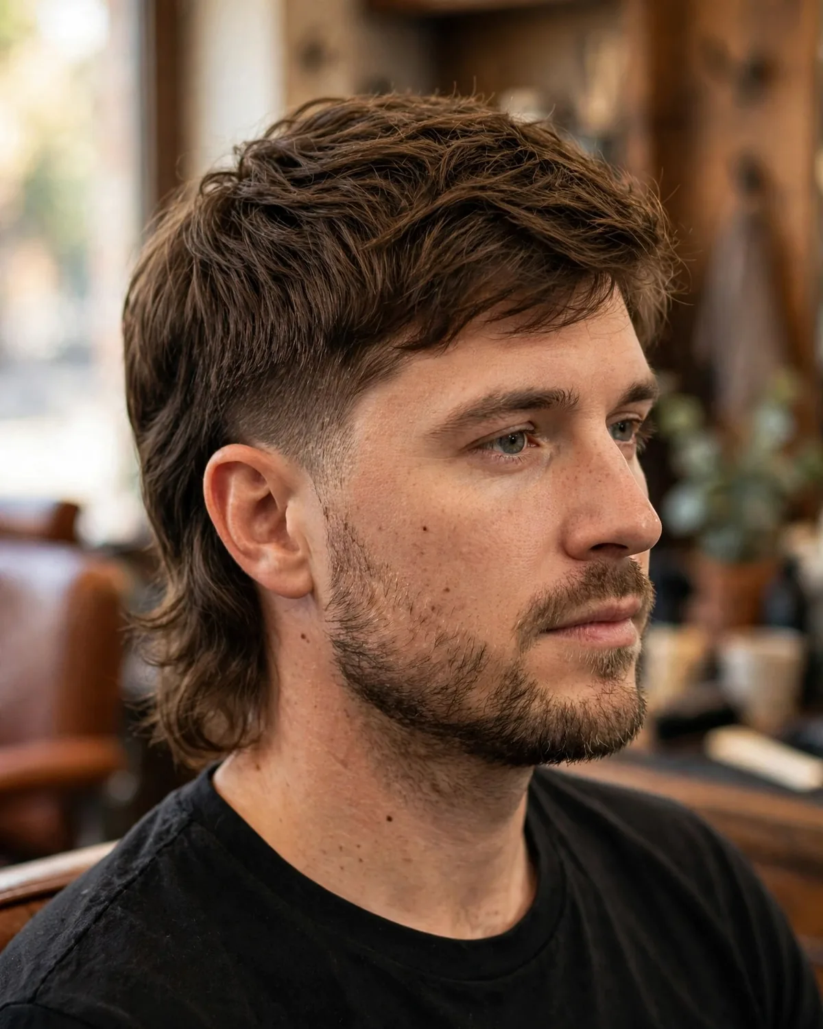 Low fade modern mullet for men — subtle low fade near the ears keeping a conservative front with bold mullet length at the back