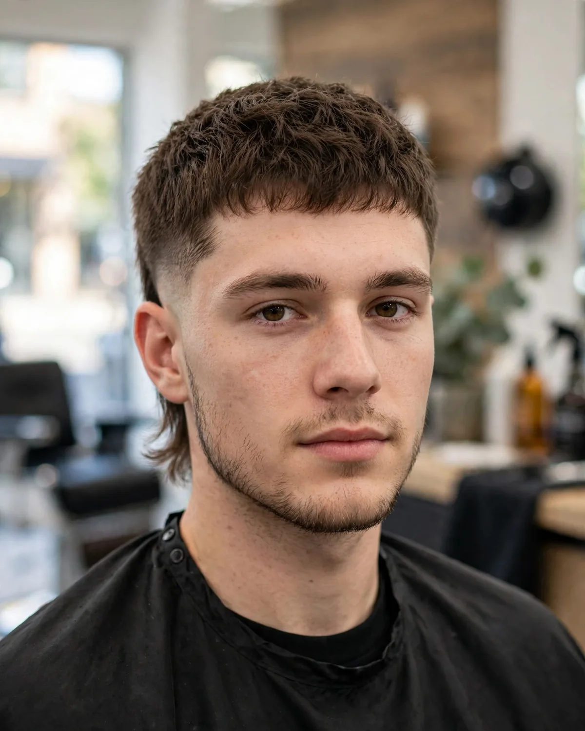 Short micro modern mullet for men — compact cropped front and sides with subtle length at the nape